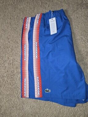 NWT Lacoste Sport Blue Logo Striped Diamante Shorts Size Large Inseam 9in